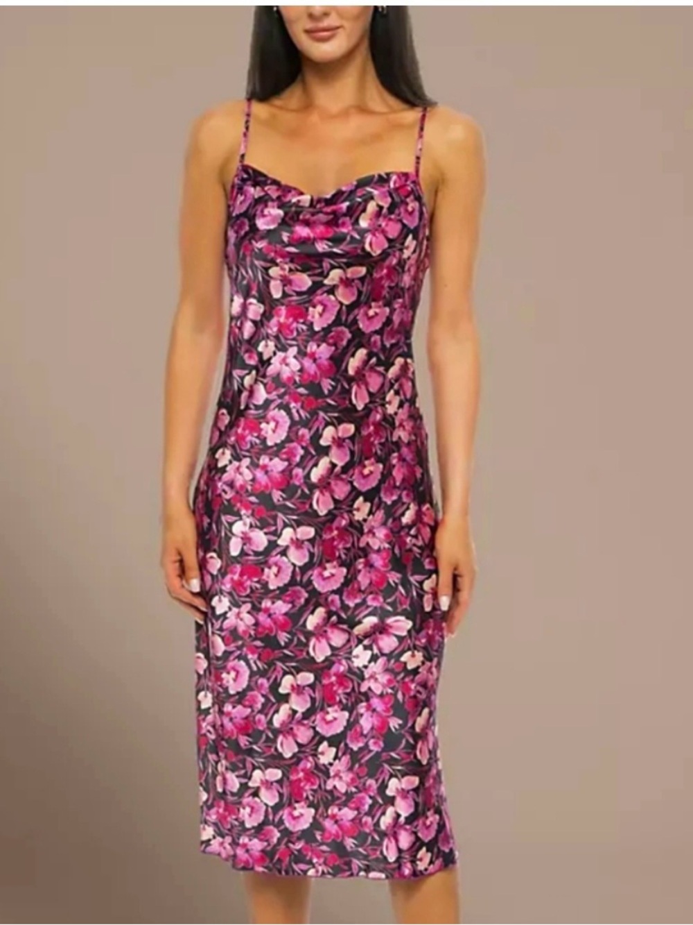 WORN ONCE Bebe Pink and Black Floral Satin Slip Dress - Size S
